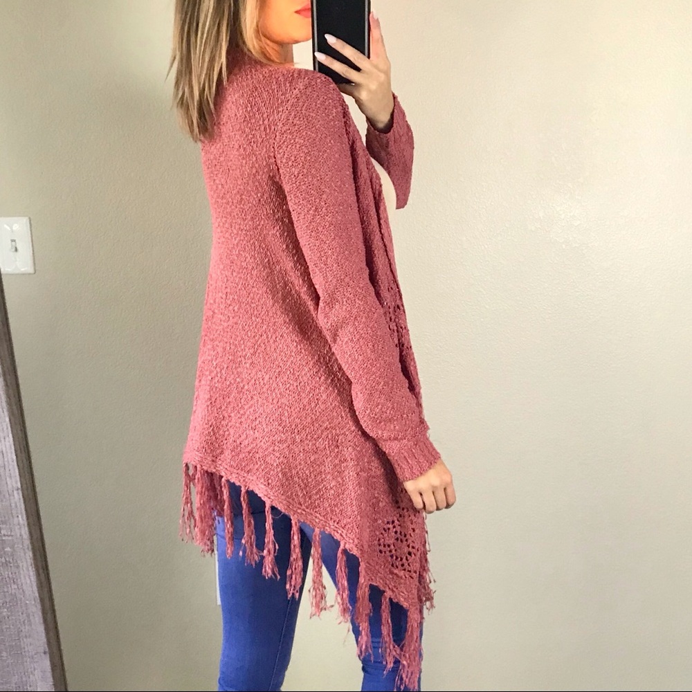 -Dusty Rose Knit Fringe Cardigan- - Picture 3 of 4